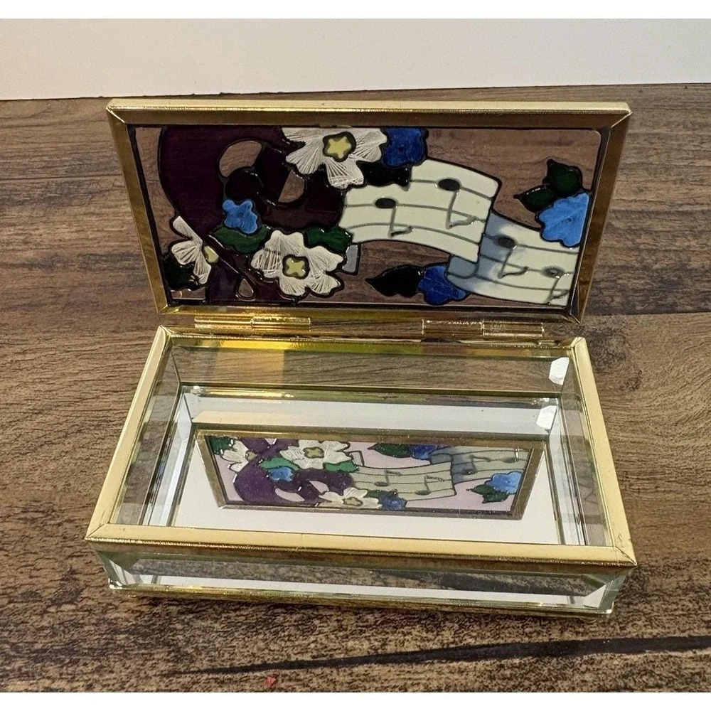 Vtg Joan Baker Designs Stain Glass Musical Note Hand Painted Trinket Box Beveled